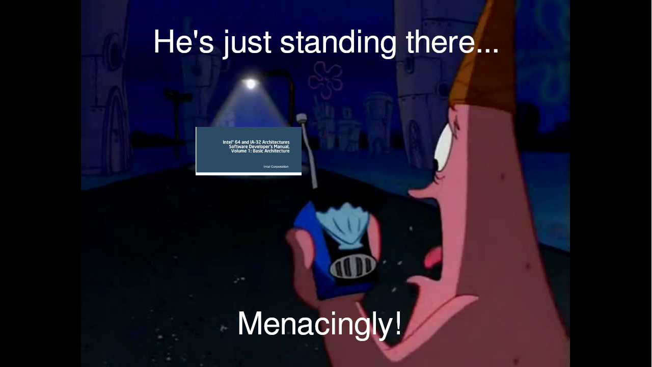 Spongebob 'Standing there menacingly' meme except its the intel developer manual
